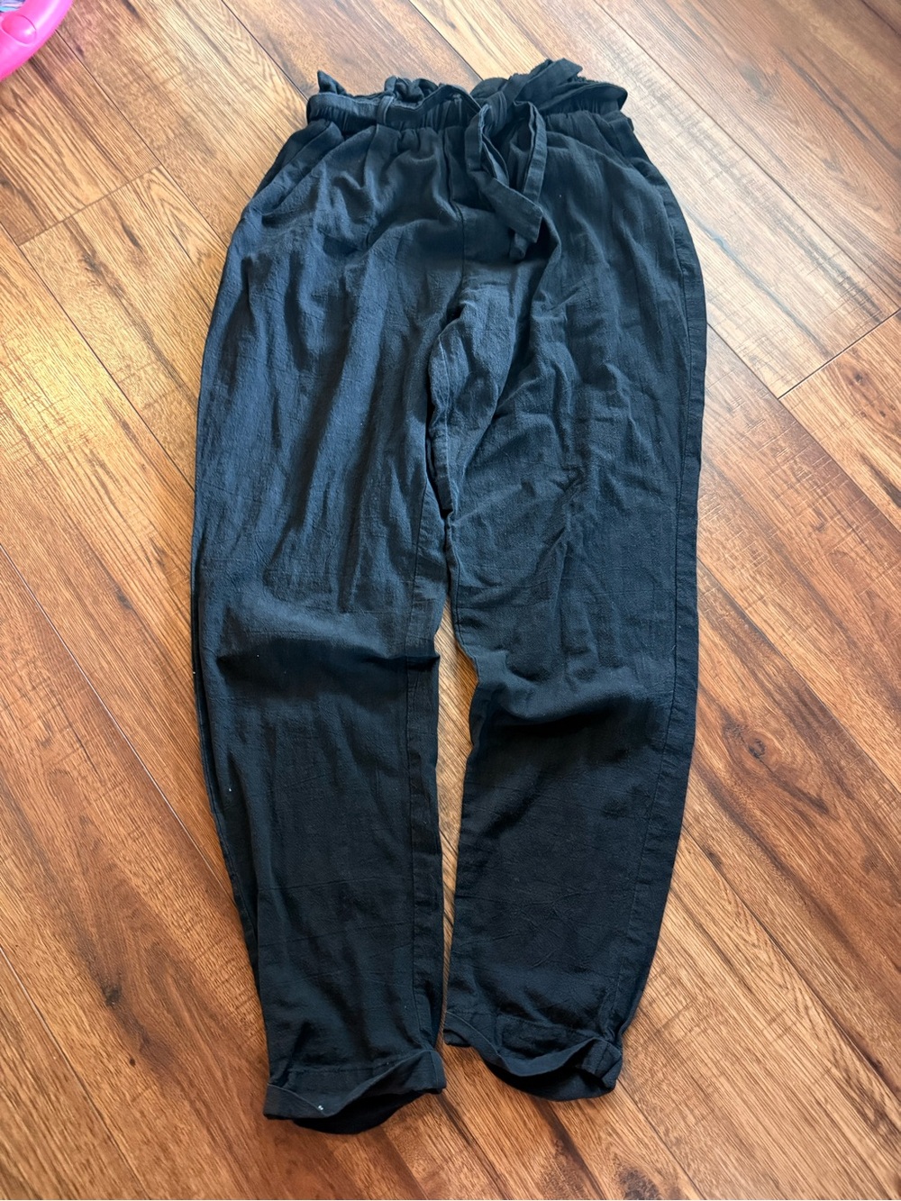 Black Paperbag Waist Trousers Size S High Rise Tie Belt Cuffed
